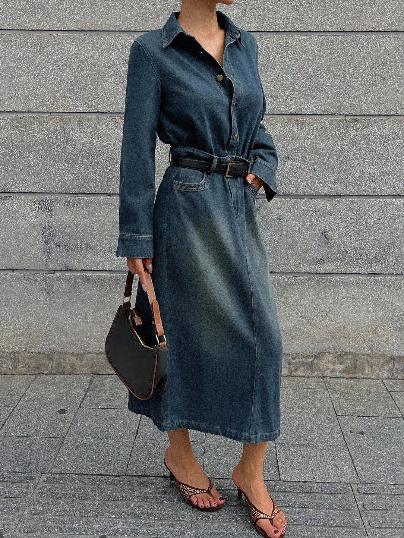CM-DS807664 Women Casual Seoul Style Collar Neckline Long Sleeve Waist Cinched Slim Fit Bodycon Denim Dress - Blue