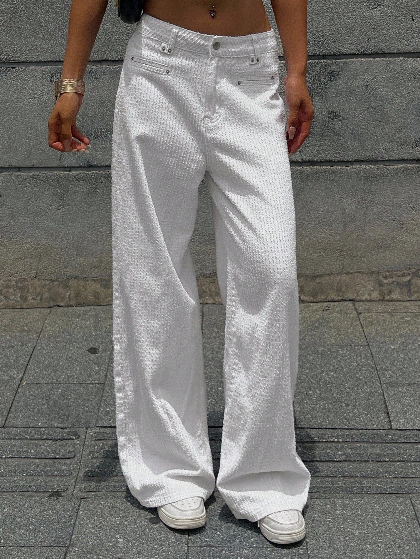 CM-BS383039 Women Casual Seoul Style High Waist Draped Staright Leg Jacquard Denim Jeans - White