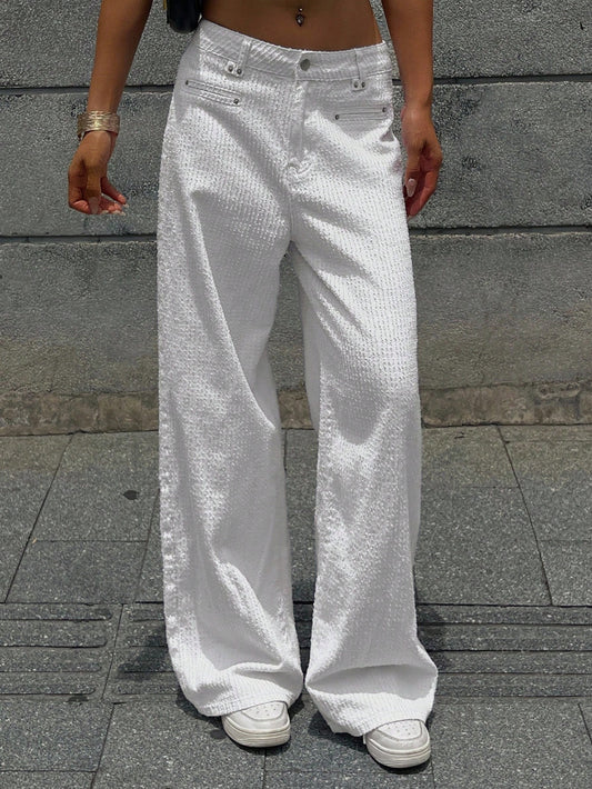 CM-BS383039 Women Casual Seoul Style High Waist Draped Staright Leg Jacquard Denim Jeans - White