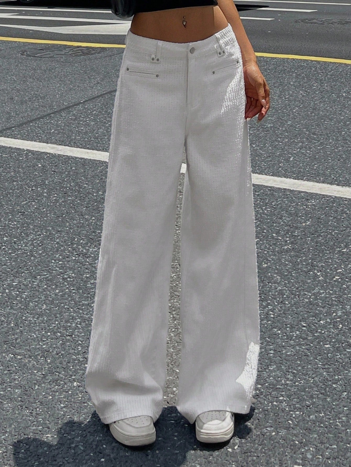 CM-BS383039 Women Casual Seoul Style High Waist Draped Staright Leg Jacquard Denim Jeans - White
