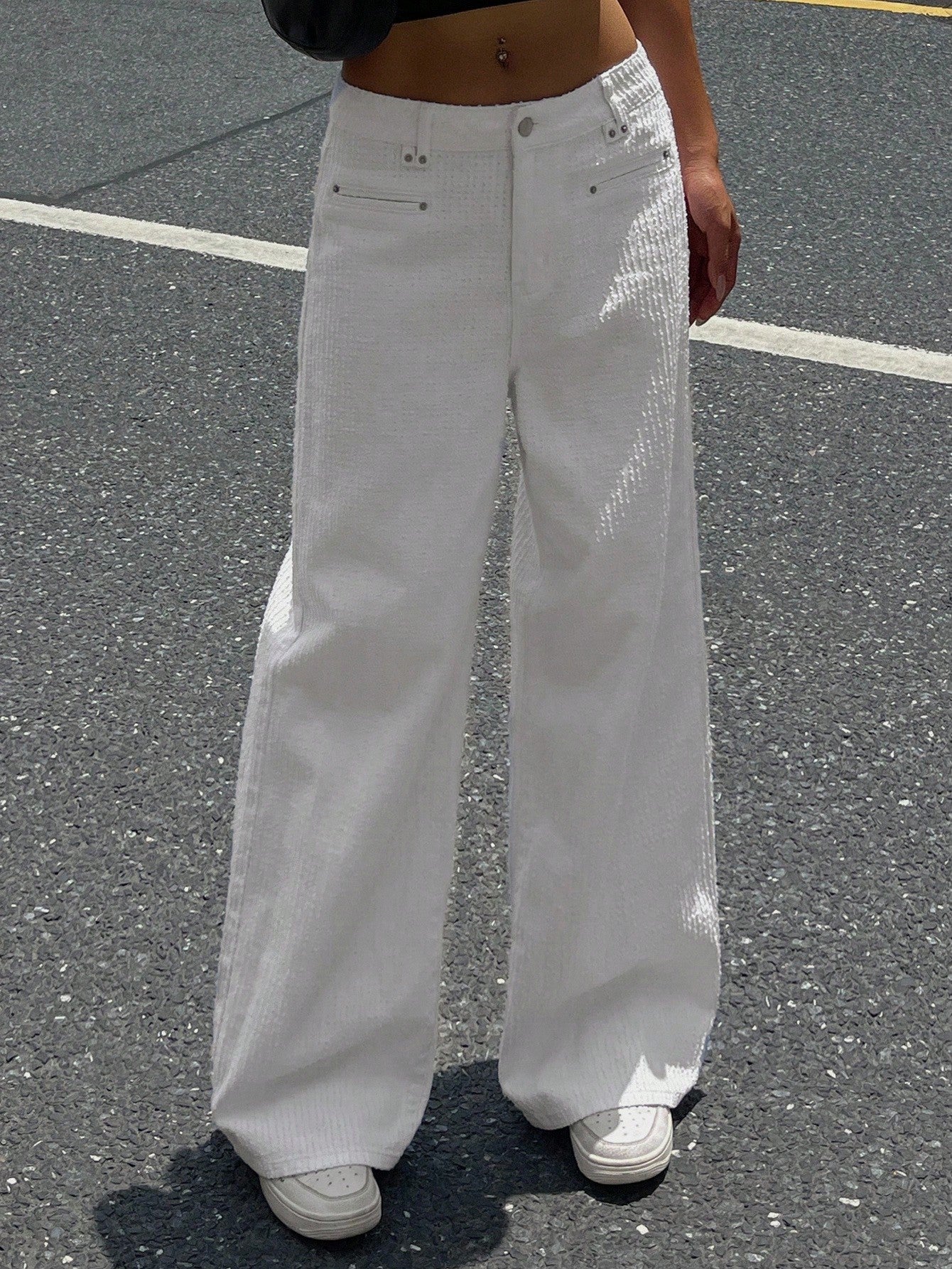 CM-BS383039 Women Casual Seoul Style High Waist Draped Staright Leg Jacquard Denim Jeans - White