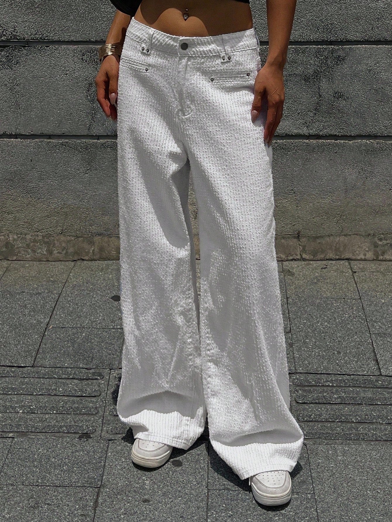 CM-BS383039 Women Casual Seoul Style High Waist Draped Staright Leg Jacquard Denim Jeans - White