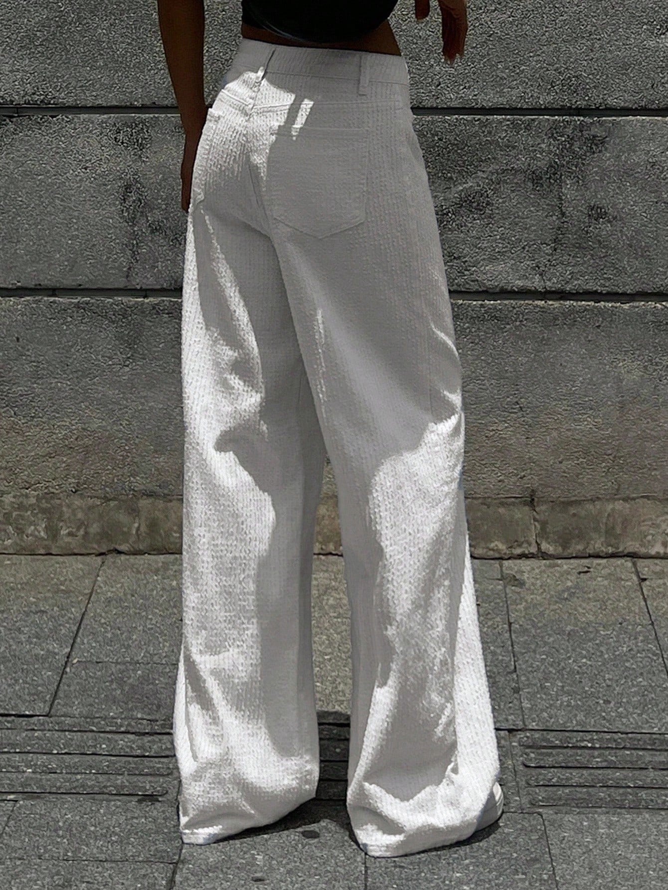 CM-BS383039 Women Casual Seoul Style High Waist Draped Staright Leg Jacquard Denim Jeans - White