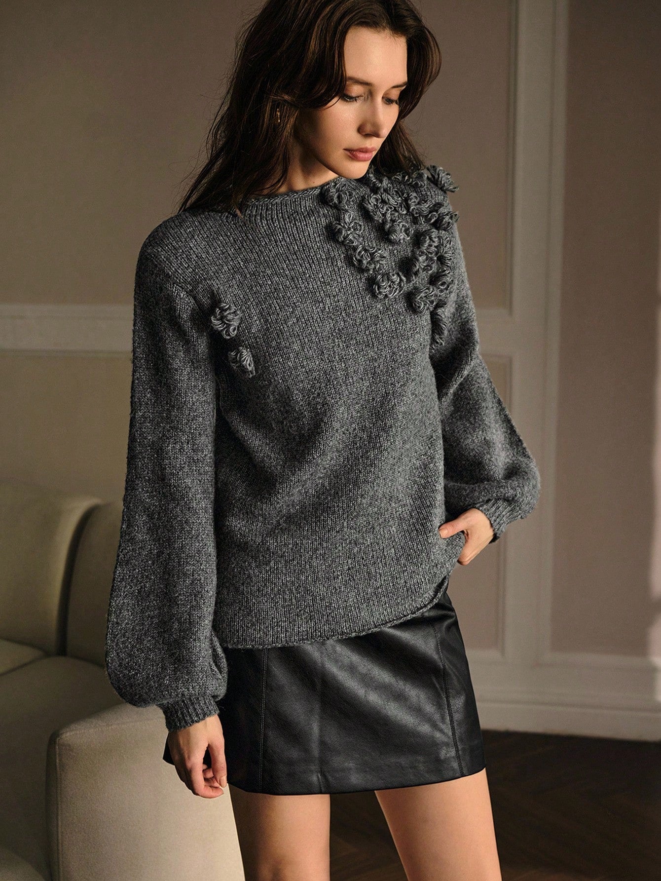 CM-CS819267 Women Elegant Seoul Style Round Neck Long Sleeve Stereo Floral Pullover Sweater - Gray