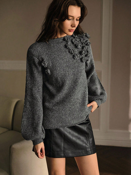 CM-CS819267 Women Elegant Seoul Style Round Neck Long Sleeve Stereo Floral Pullover Sweater - Gray