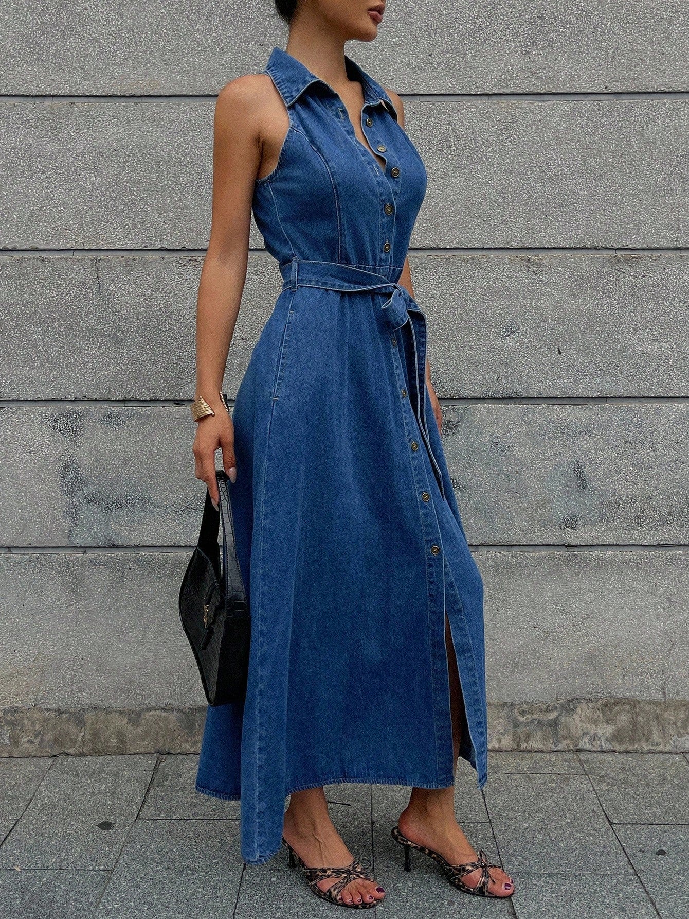 CM-DS791494 Women Casual Seoul Style Medium Wash Collar Neckline Sleeveless Belted Denim Dress