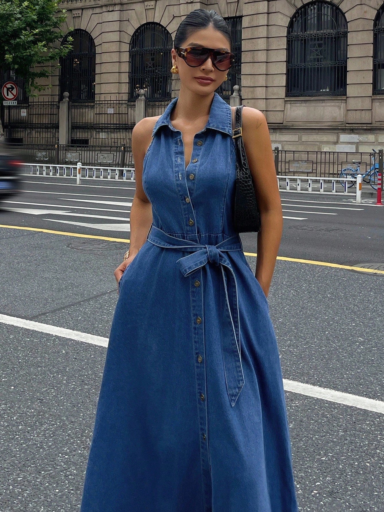 CM-DS791494 Women Casual Seoul Style Medium Wash Collar Neckline Sleeveless Belted Denim Dress