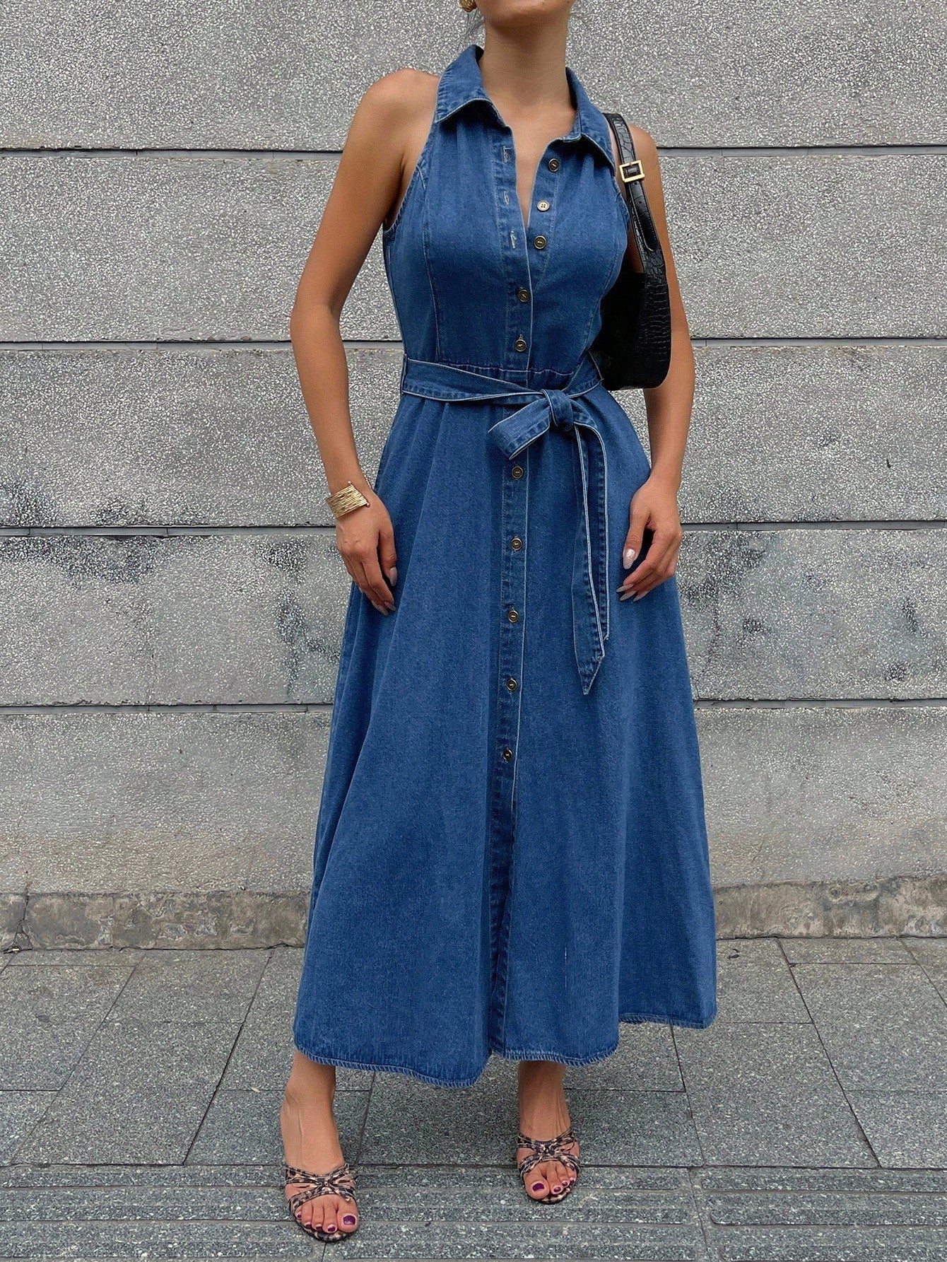 CM-DS791494 Women Casual Seoul Style Medium Wash Collar Neckline Sleeveless Belted Denim Dress