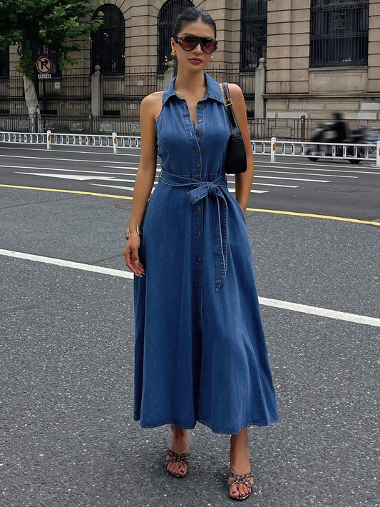 CM-DS791494 Women Casual Seoul Style Medium Wash Collar Neckline Sleeveless Belted Denim Dress