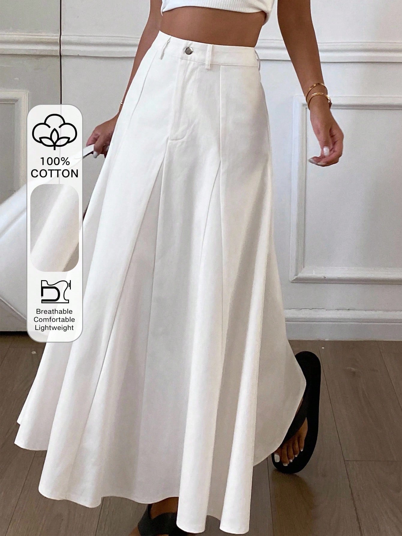 CM-BS626166 Women Casual Seoul Style Mid Waist Long A-Line Denim Skirt - White