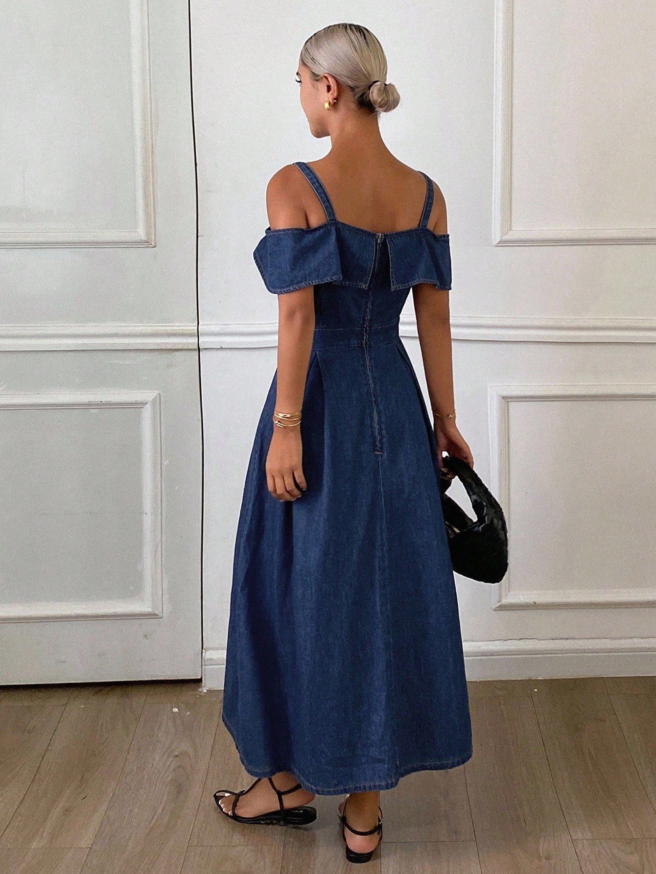 CM-DS648211 Women Casual Seoul Style Dark Wash Ruffled Off-Shoulder Sleeveless Midi Denim Dress