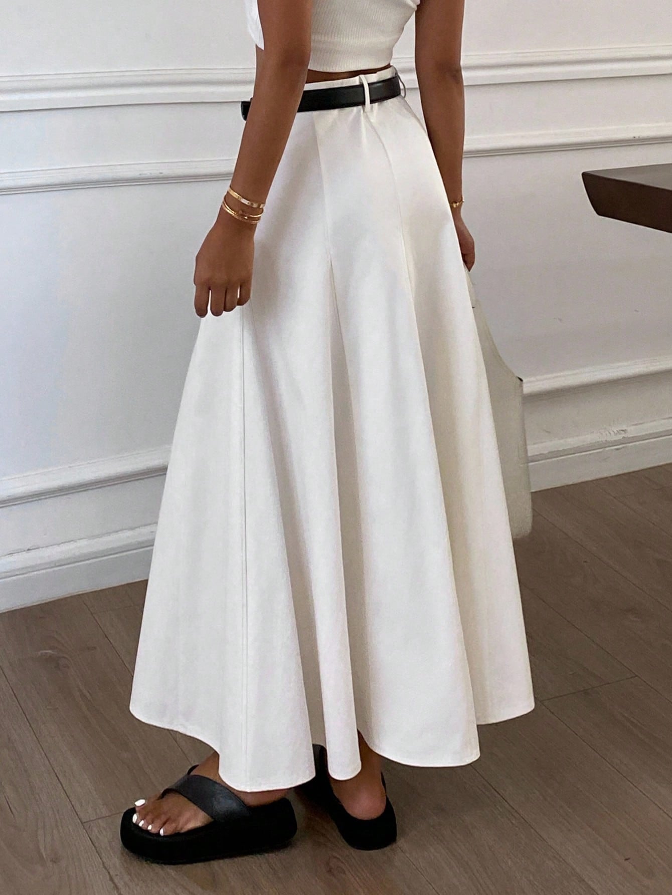 CM-BS626166 Women Casual Seoul Style Mid Waist Long A-Line Denim Skirt - White