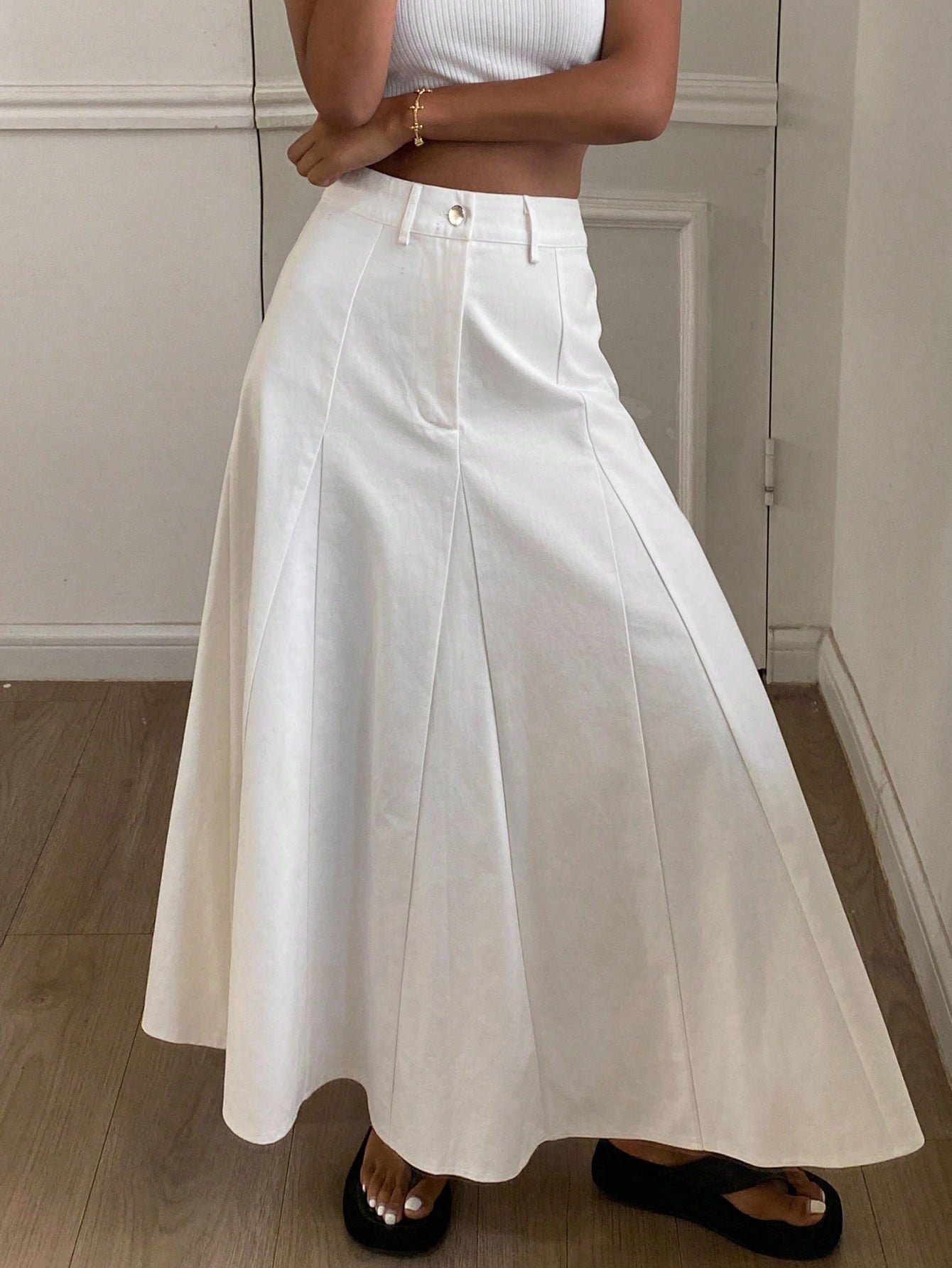 CM-BS626166 Women Casual Seoul Style Mid Waist Long A-Line Denim Skirt - White