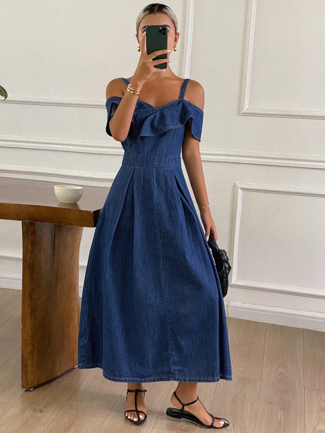 CM-DS648211 Women Casual Seoul Style Dark Wash Ruffled Off-Shoulder Sleeveless Midi Denim Dress