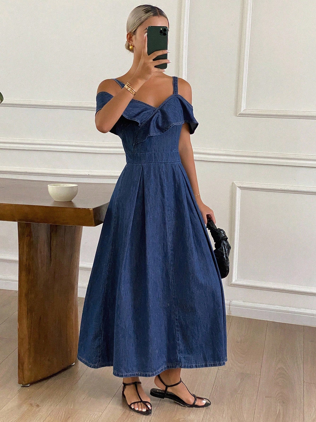 CM-DS648211 Women Casual Seoul Style Dark Wash Ruffled Off-Shoulder Sleeveless Midi Denim Dress
