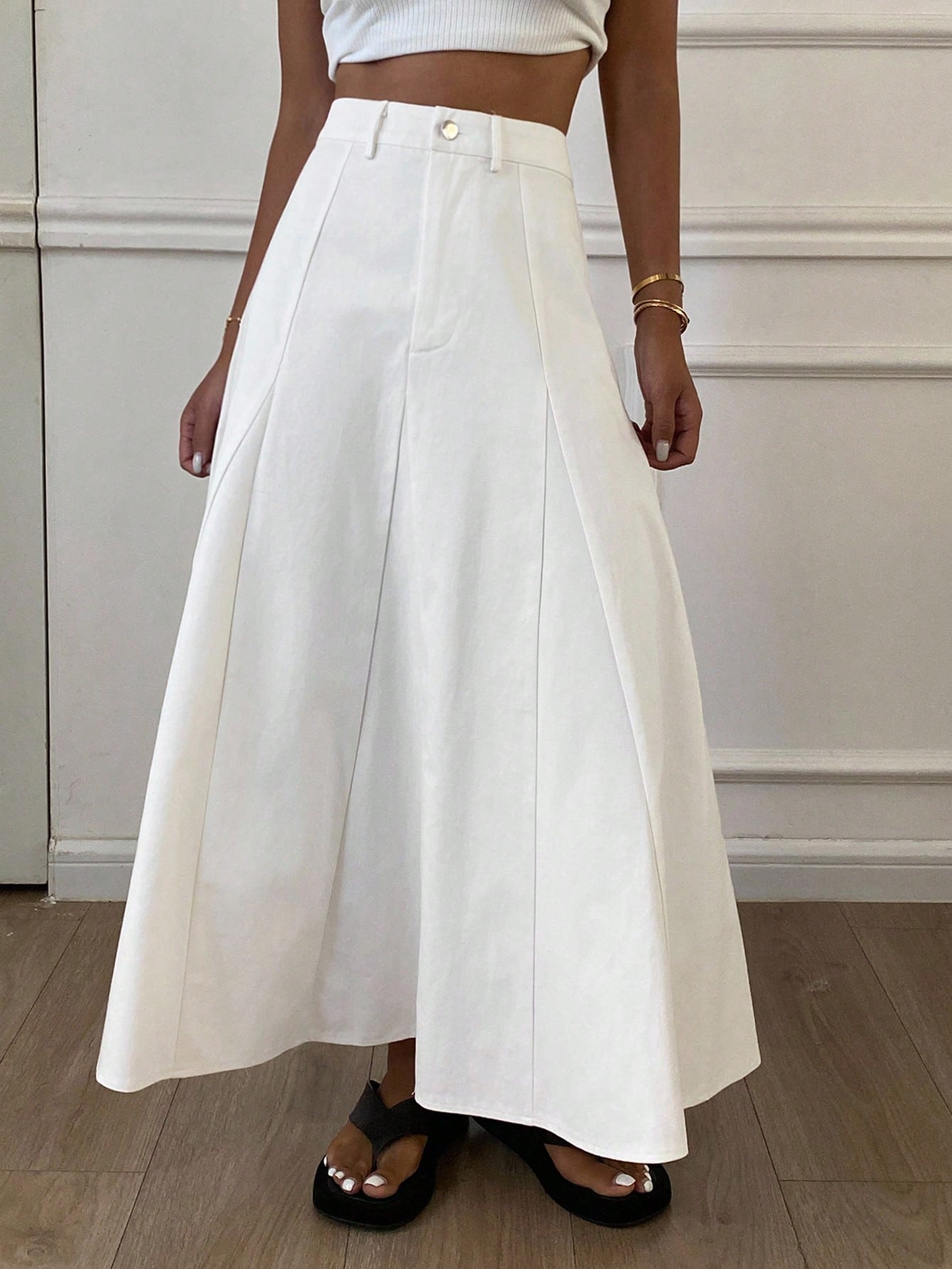 CM-BS626166 Women Casual Seoul Style Mid Waist Long A-Line Denim Skirt - White