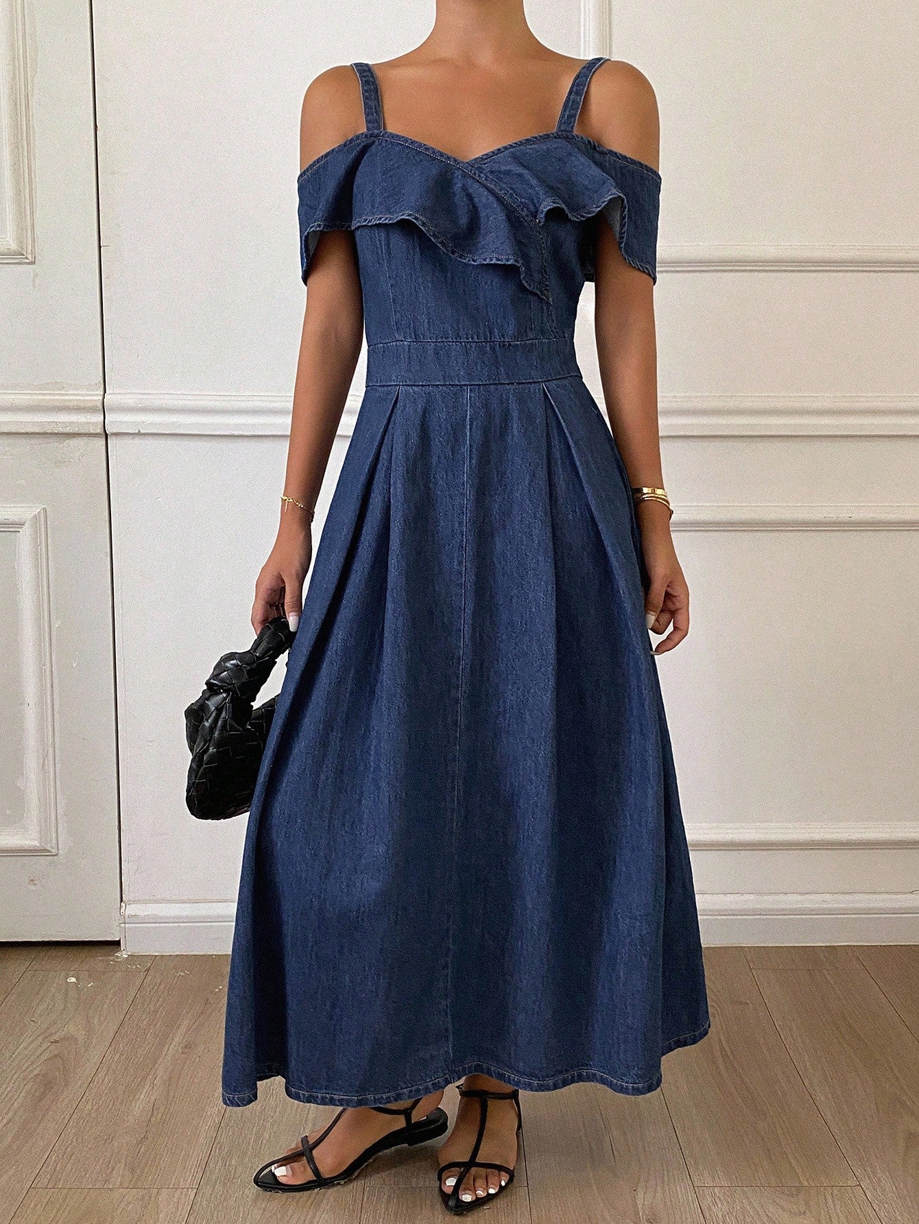 CM-DS648211 Women Casual Seoul Style Dark Wash Ruffled Off-Shoulder Sleeveless Midi Denim Dress