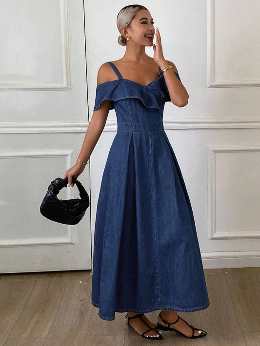 CM-DS648211 Women Casual Seoul Style Dark Wash Ruffled Off-Shoulder Sleeveless Midi Denim Dress