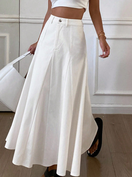 CM-BS626166 Women Casual Seoul Style Mid Waist Long A-Line Denim Skirt - White