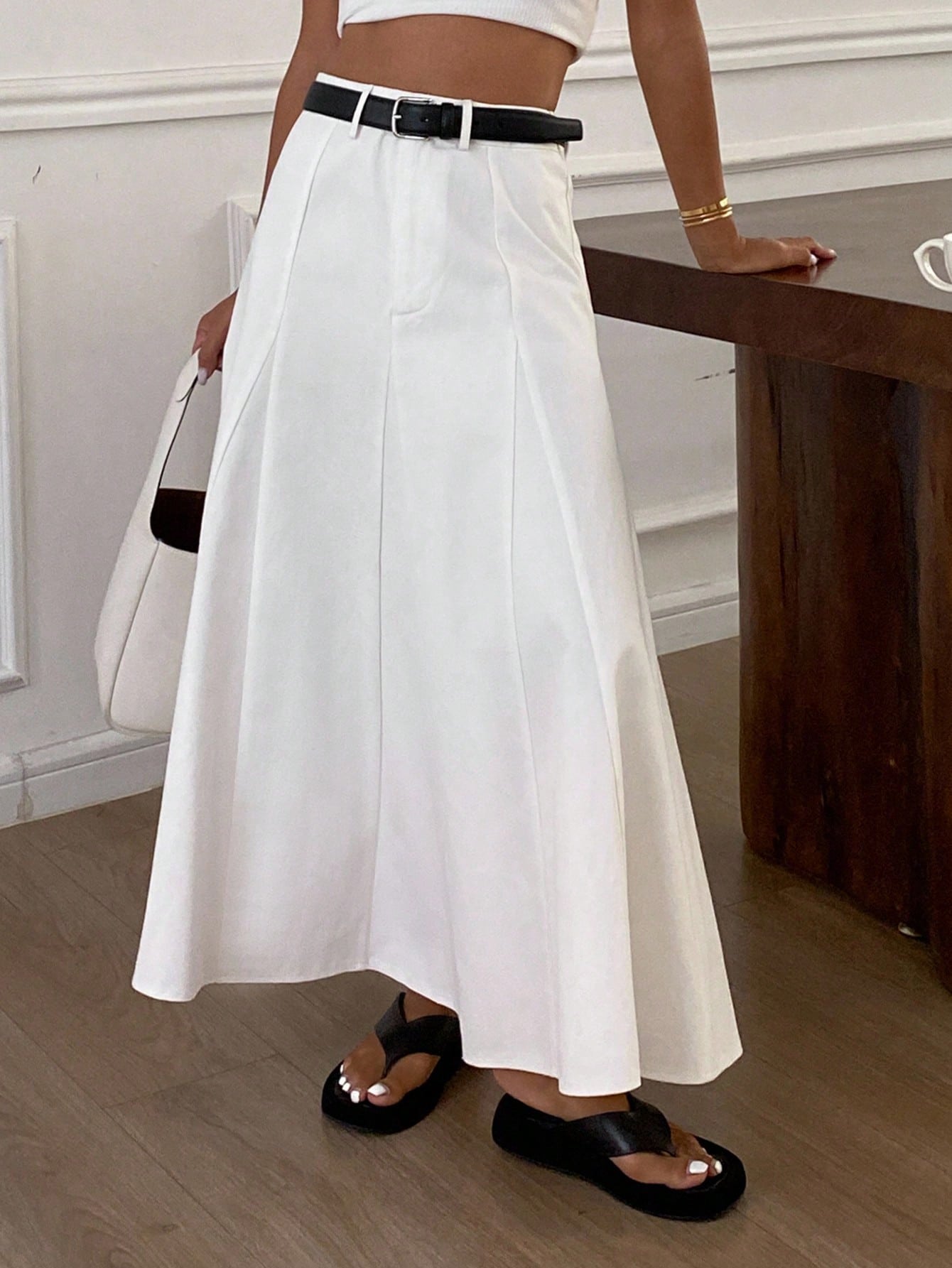CM-BS626166 Women Casual Seoul Style Mid Waist Long A-Line Denim Skirt - White