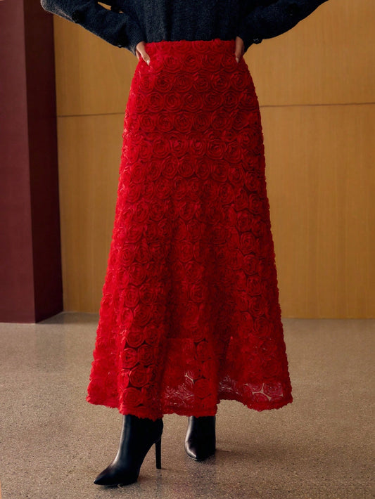 CM-BS902511 Women Elegant Seoul Style Mid Waist Appliques Bias Cut Maxi Skirt - Red