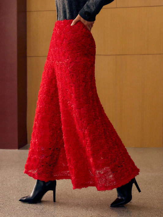 CM-BS902511 Women Elegant Seoul Style Mid Waist Appliques Bias Cut Maxi Skirt - Red
