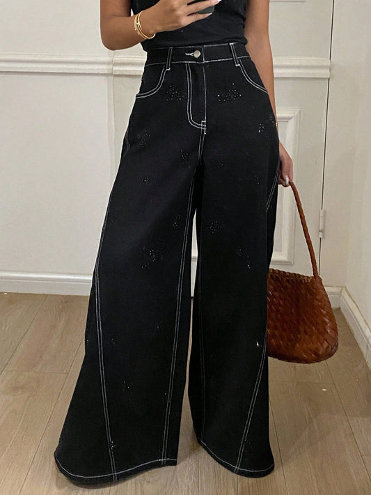CM-BS715375 Women Casual Seoul Style Contrast Stitching Rhinestone Decor Loose Wide Leg Jeans - Black