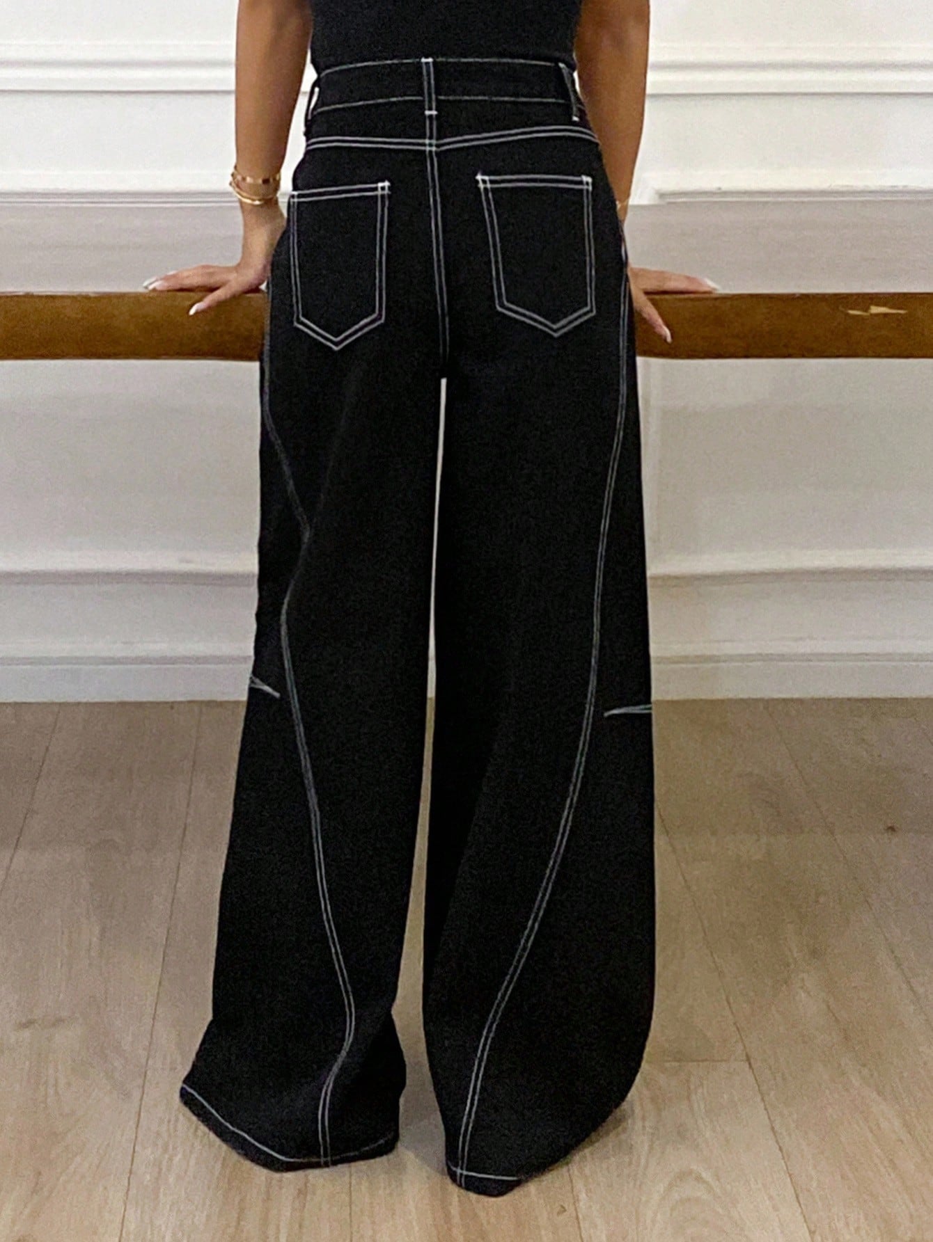 CM-BS715375 Women Casual Seoul Style Contrast Stitching Rhinestone Decor Loose Wide Leg Jeans - Black