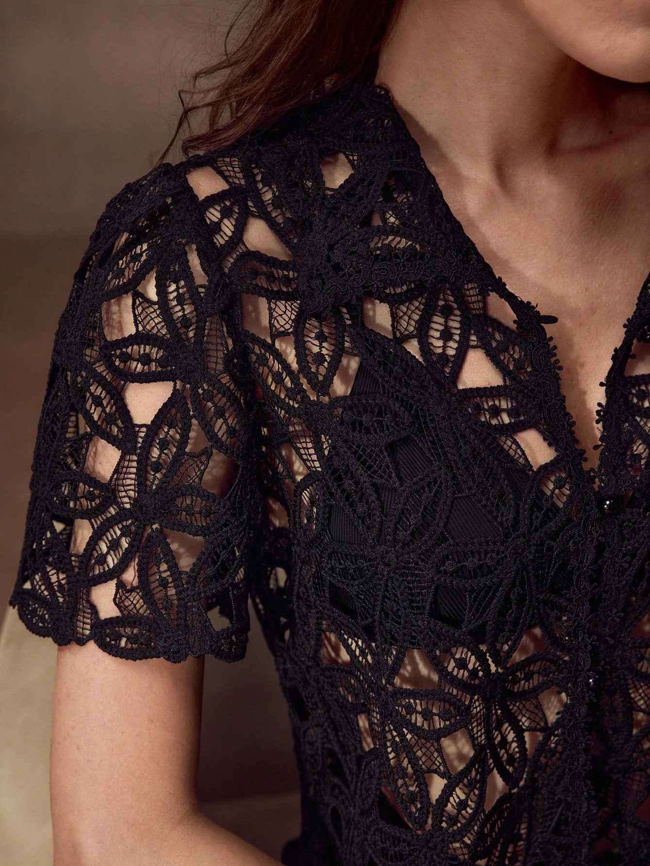 CM-TS566323 Women Elegant Seoul Style Collar Neckline Short Sleeve Sheer Guipure Lace Blouse - Black