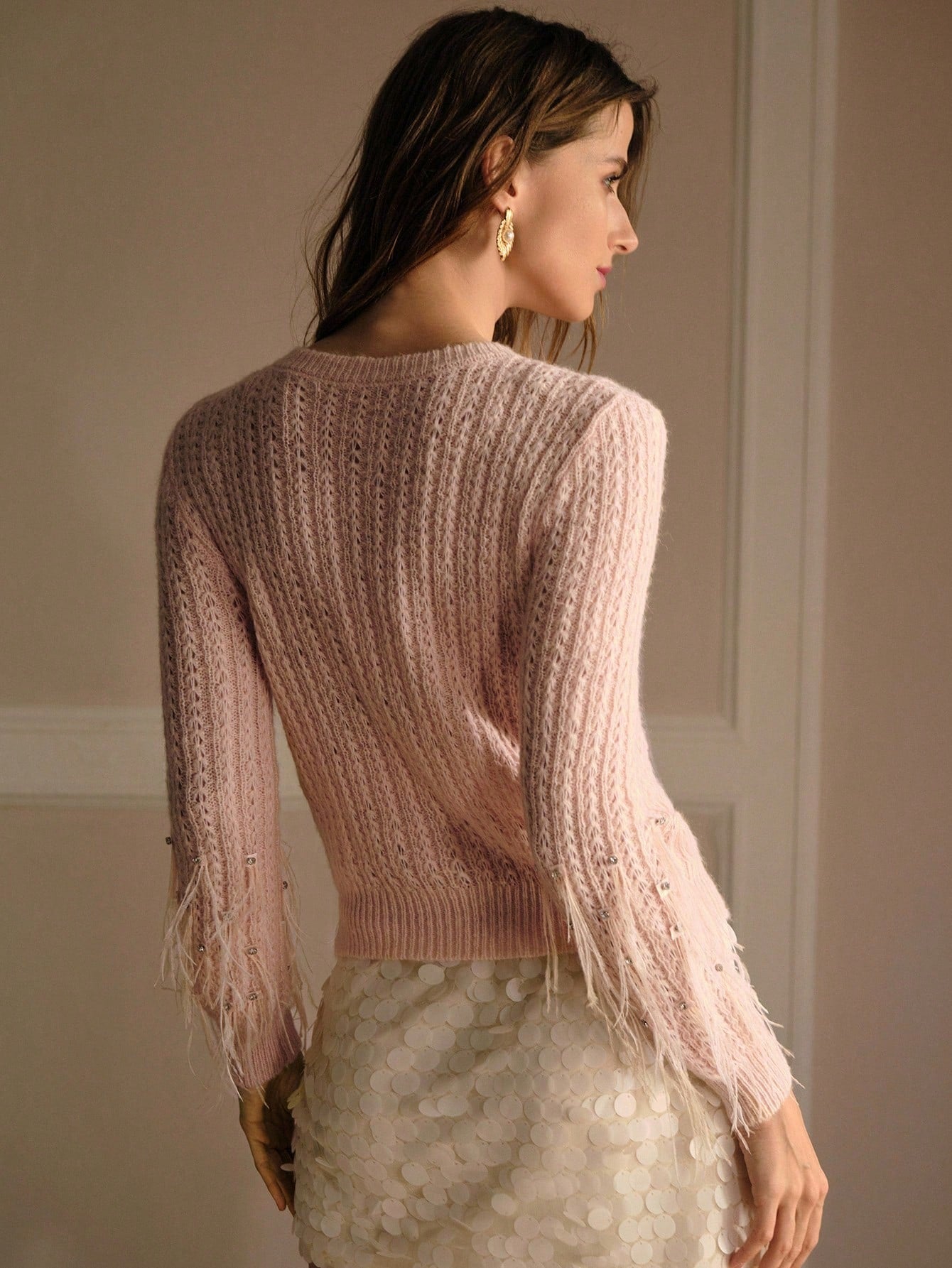 CM-CS079908 Women Elegant Seoul Style Round Neck Long Sleeve Rhinestone Detail Knit Pullover Sweater - Baby Pink