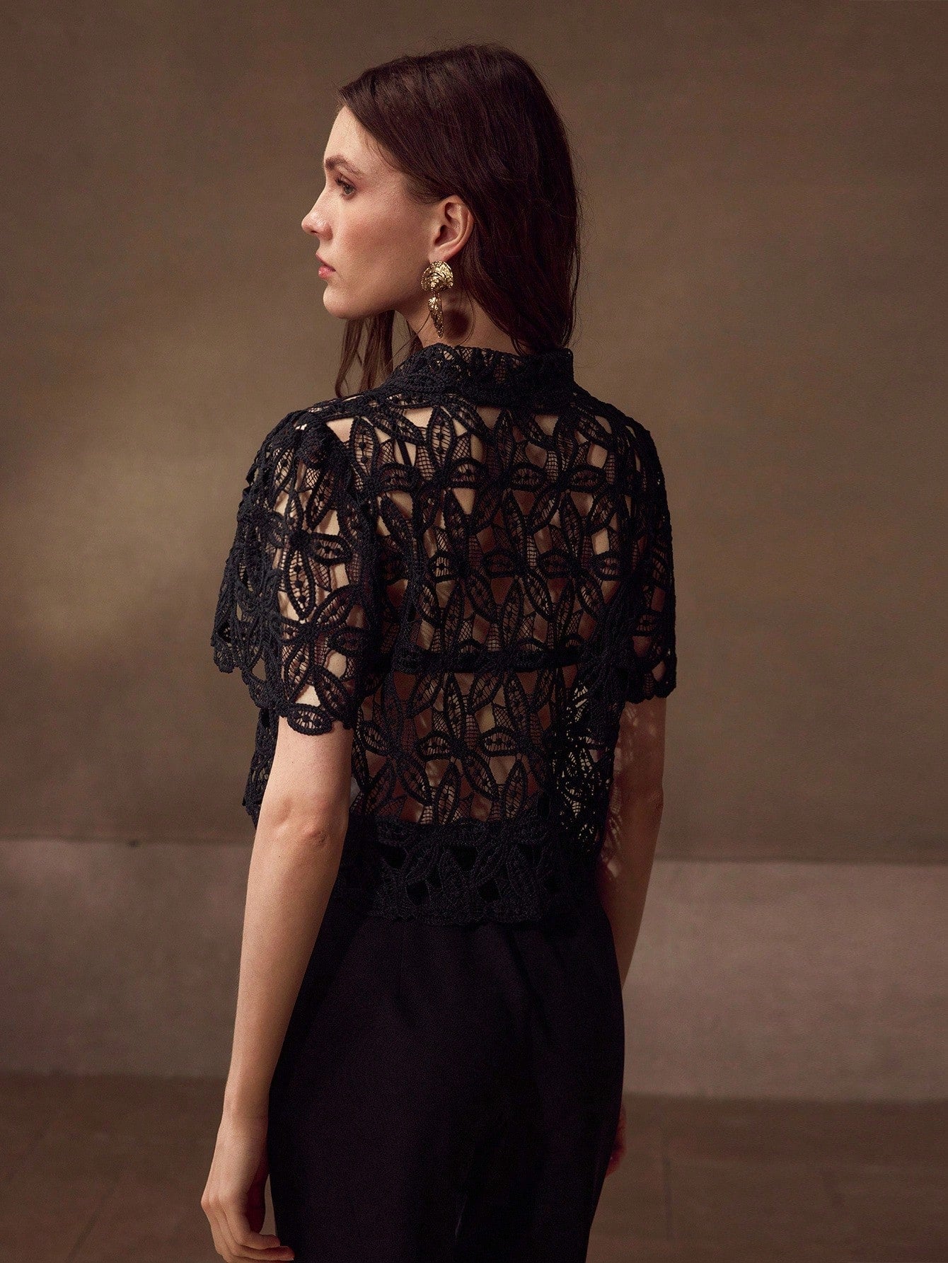 CM-TS566323 Women Elegant Seoul Style Collar Neckline Short Sleeve Sheer Guipure Lace Blouse - Black