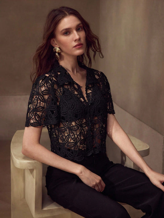 CM-TS566323 Women Elegant Seoul Style Collar Neckline Short Sleeve Sheer Guipure Lace Blouse - Black