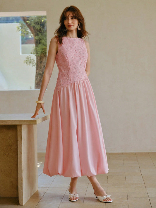 CM-DS223432 Women Elegant Seoul Style Round Neck Sleeveless Embroidered Zipper A-Line Midi Dress - Pink