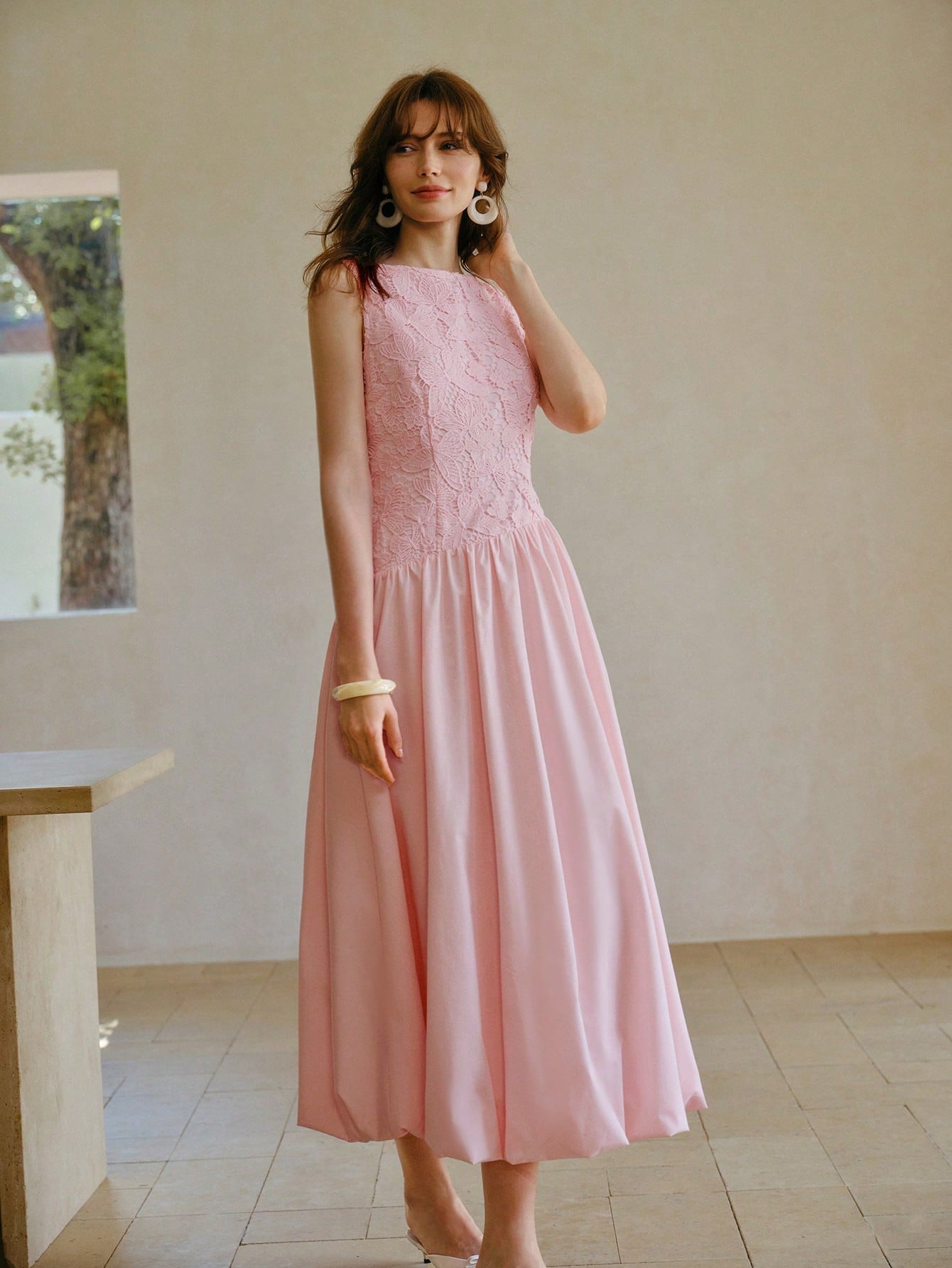 CM-DS223432 Women Elegant Seoul Style Round Neck Sleeveless Embroidered Zipper A-Line Midi Dress - Pink