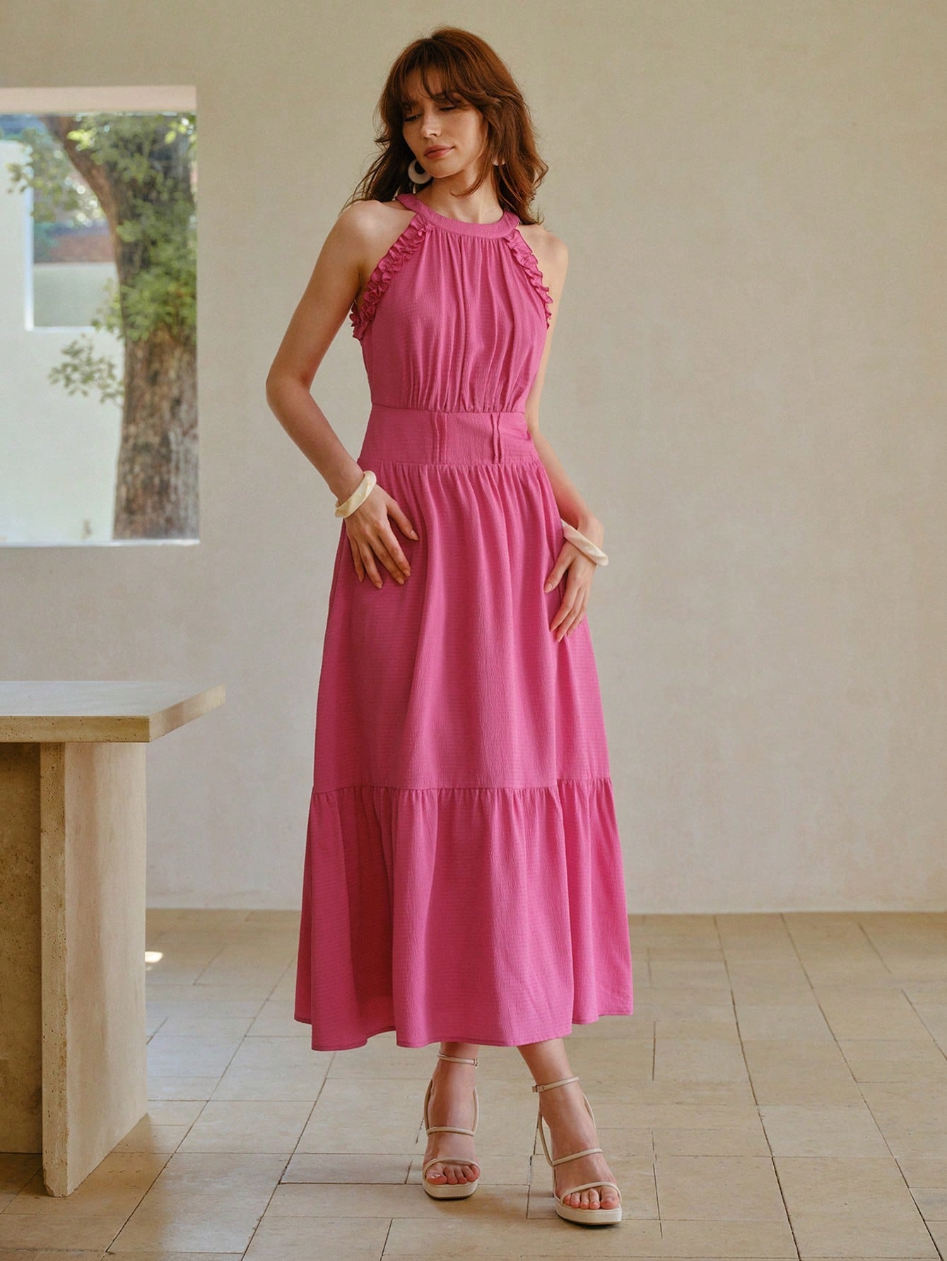 CM-DS060355 Women Elegant Seoul Style Halter Neckline Sleeveless High Waist Midi Dress - Hot Pink