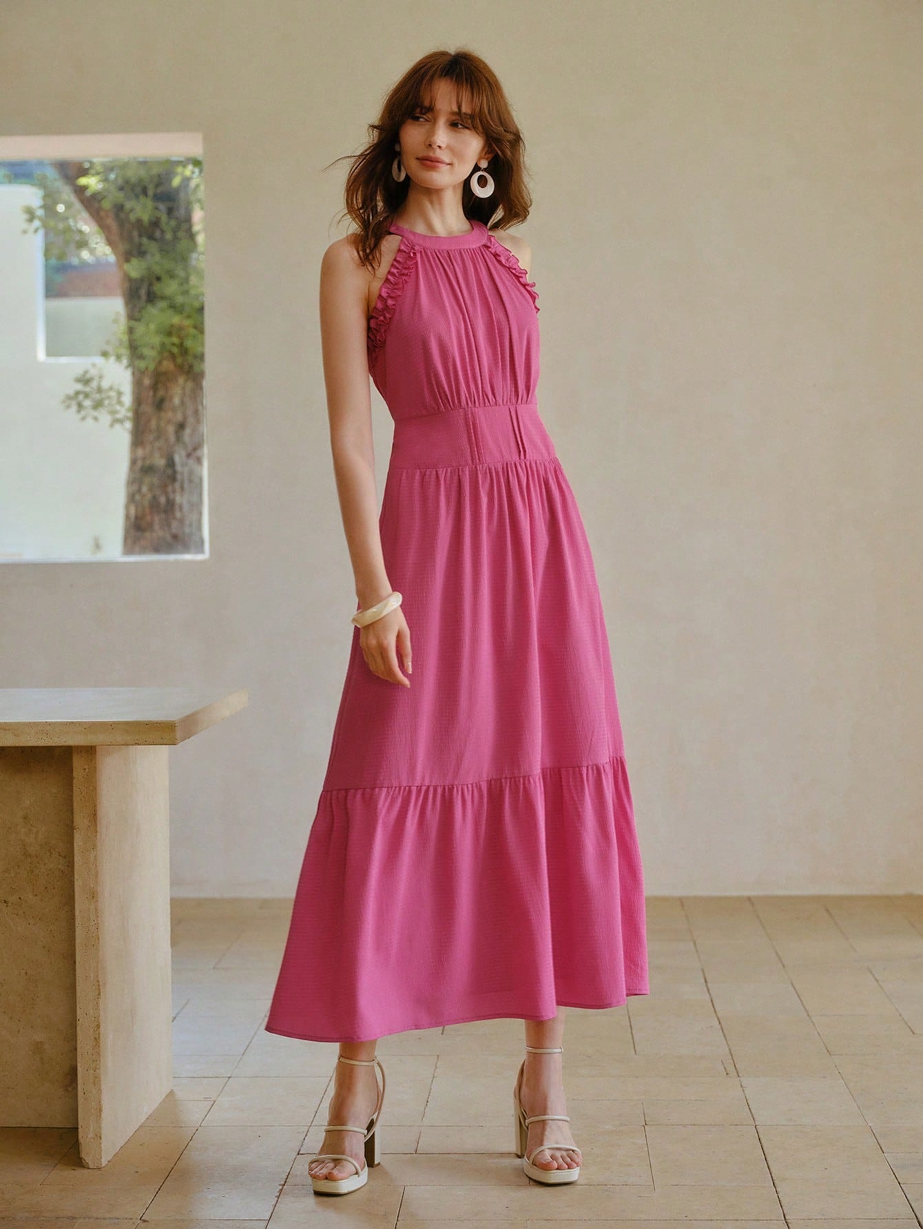 CM-DS060355 Women Elegant Seoul Style Halter Neckline Sleeveless High Waist Midi Dress - Hot Pink