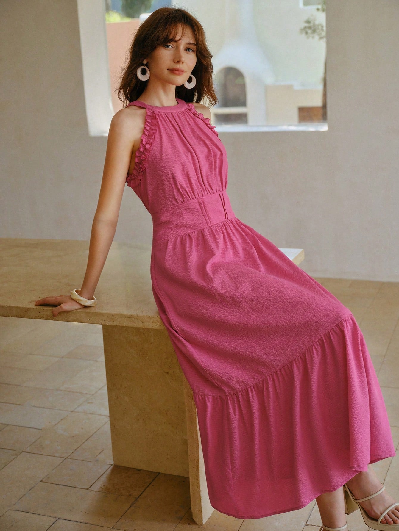 CM-DS060355 Women Elegant Seoul Style Halter Neckline Sleeveless High Waist Midi Dress - Hot Pink