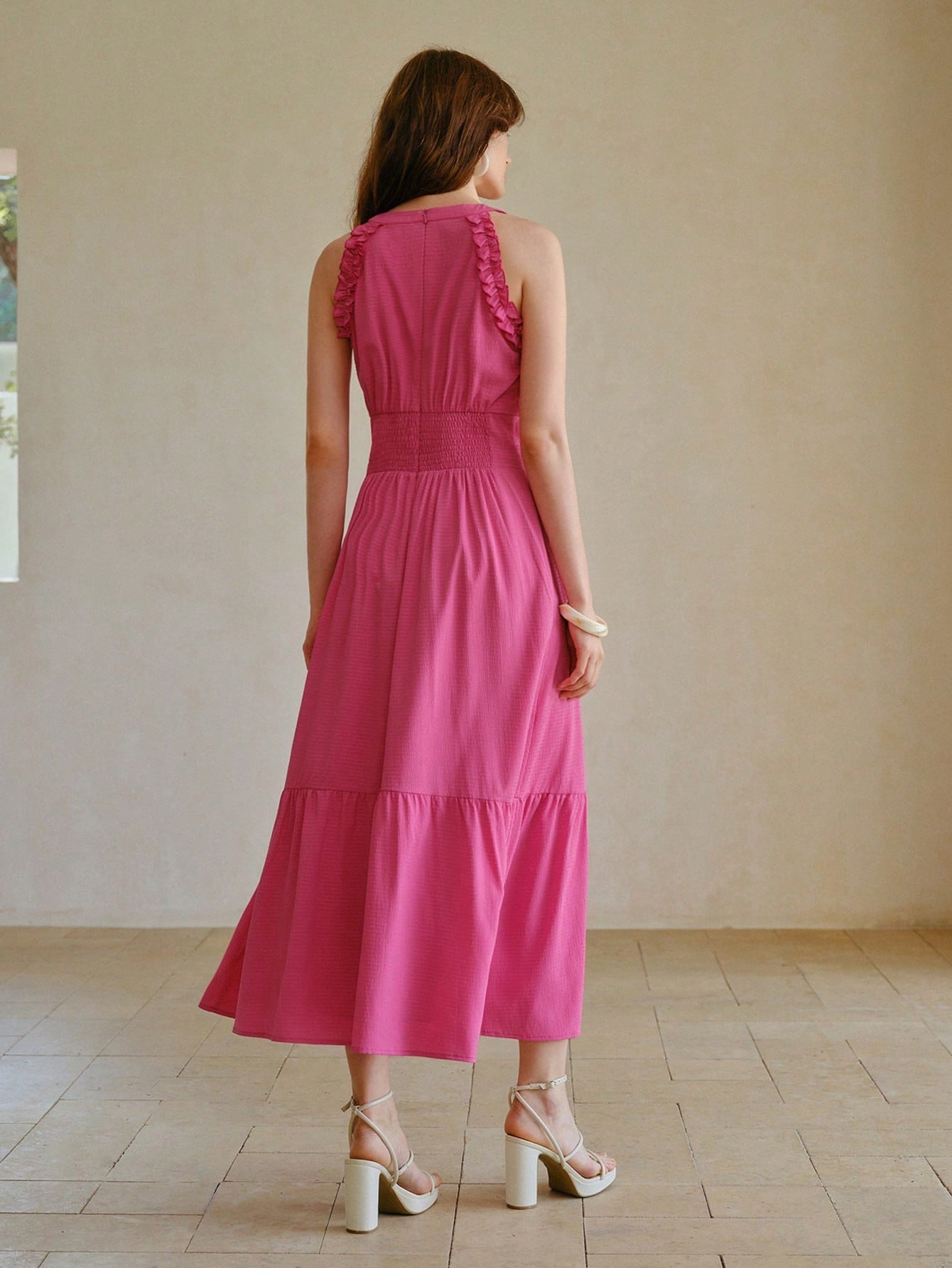 CM-DS060355 Women Elegant Seoul Style Halter Neckline Sleeveless High Waist Midi Dress - Hot Pink