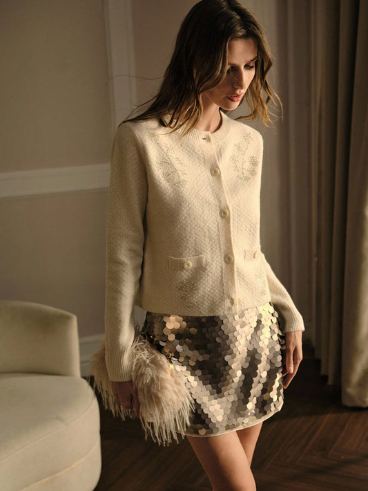 CM-CS218913 Women Elegant Seoul Style Round Neck Long Sleeve Beaded Button Up Cardigan - Apricot