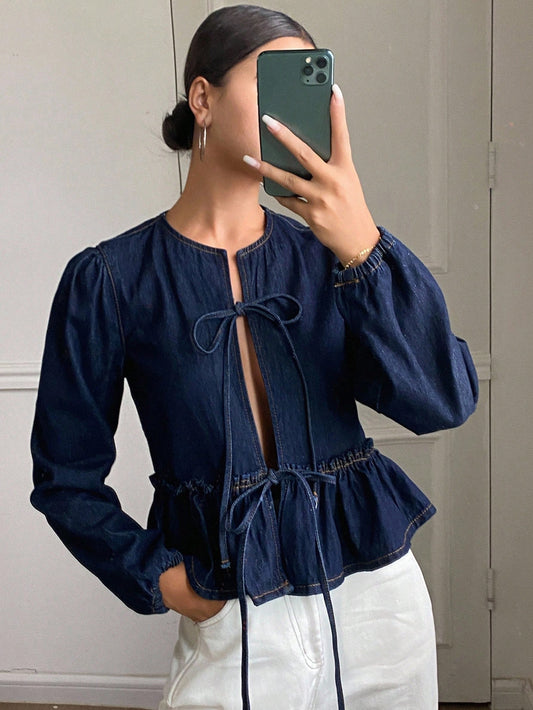 CM-CS712262 Women Casual Seoul Style Dark Wash Round Neck Tie-Front Long Sleeve Denim Jacket