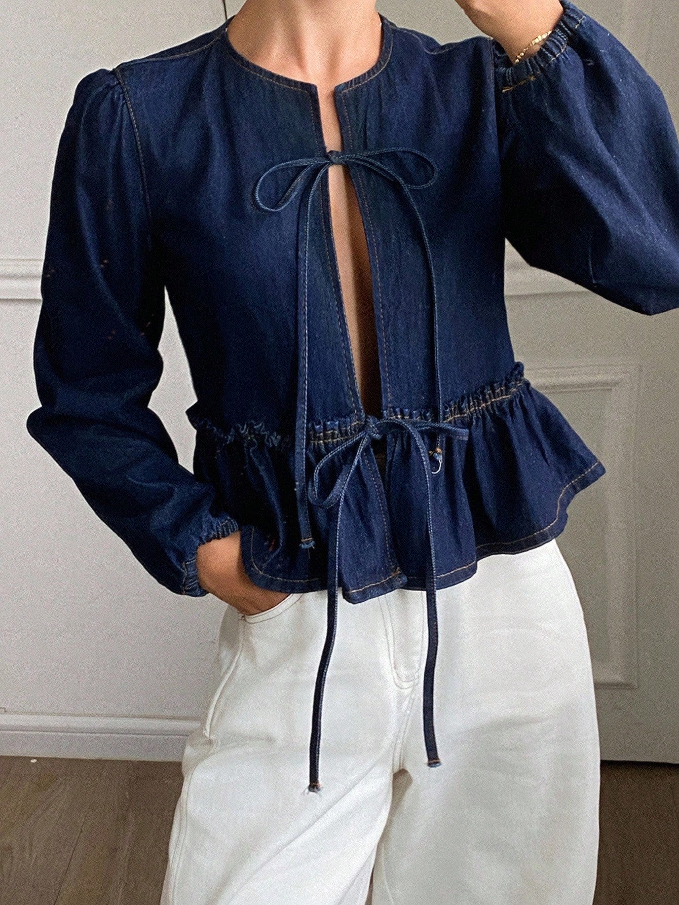 CM-CS712262 Women Casual Seoul Style Dark Wash Round Neck Tie-Front Long Sleeve Denim Jacket
