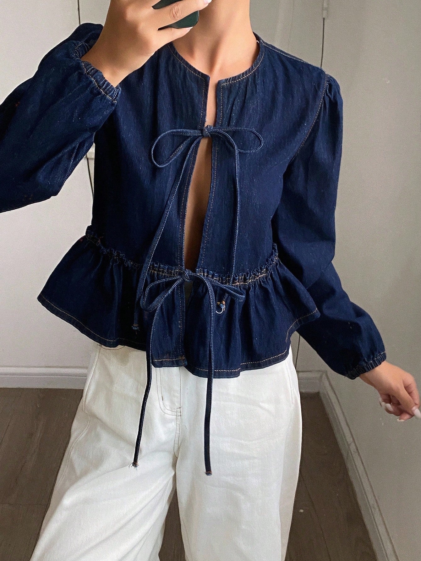 CM-CS712262 Women Casual Seoul Style Dark Wash Round Neck Tie-Front Long Sleeve Denim Jacket