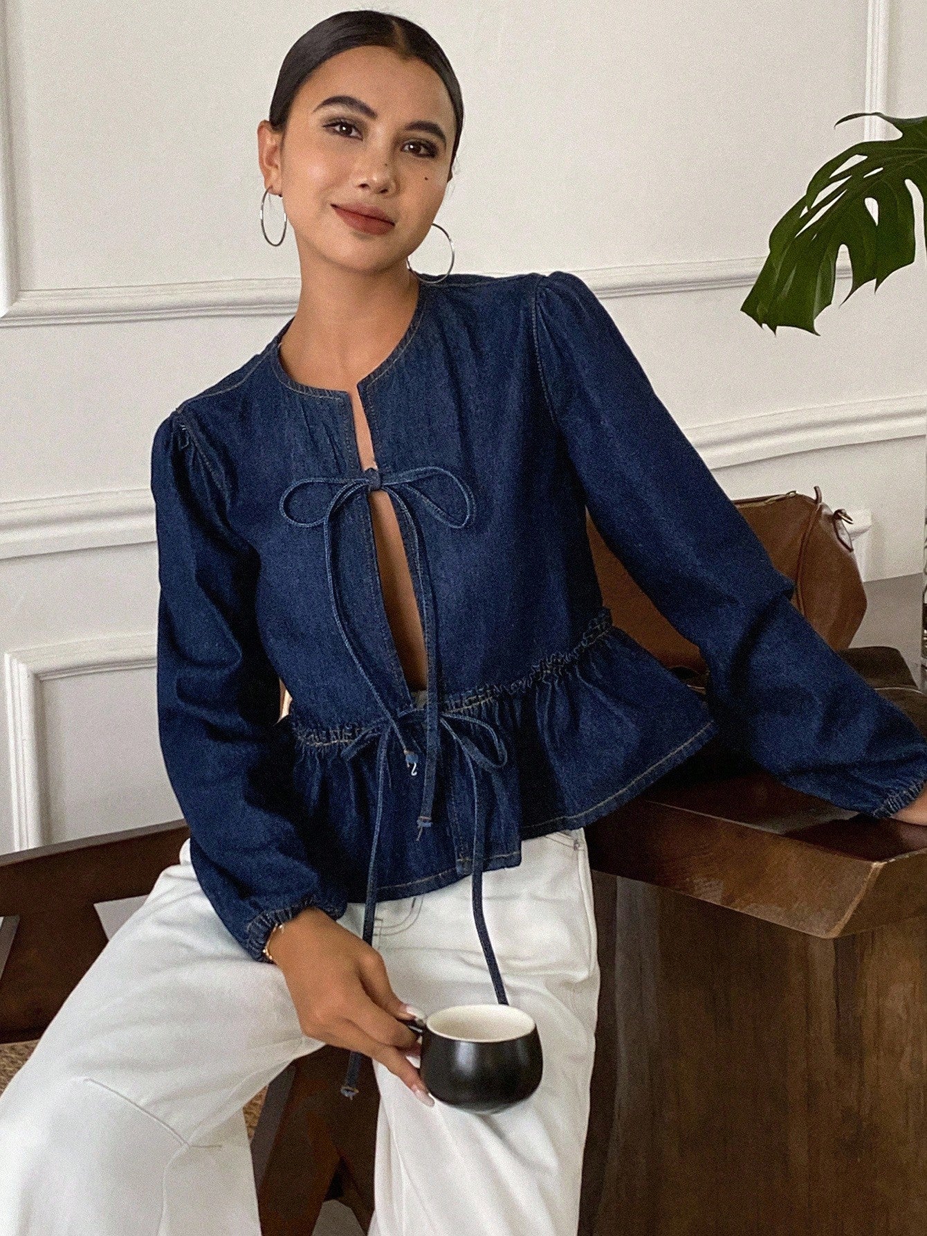 CM-CS712262 Women Casual Seoul Style Dark Wash Round Neck Tie-Front Long Sleeve Denim Jacket