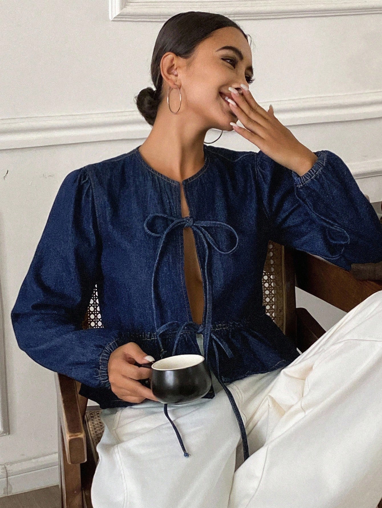CM-CS712262 Women Casual Seoul Style Dark Wash Round Neck Tie-Front Long Sleeve Denim Jacket