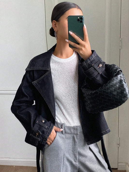 CM-CS447327 Women Casual Seoul Style Dark Wash Extra Long Sleeve Cinched Waist Oversized Denim Jacket