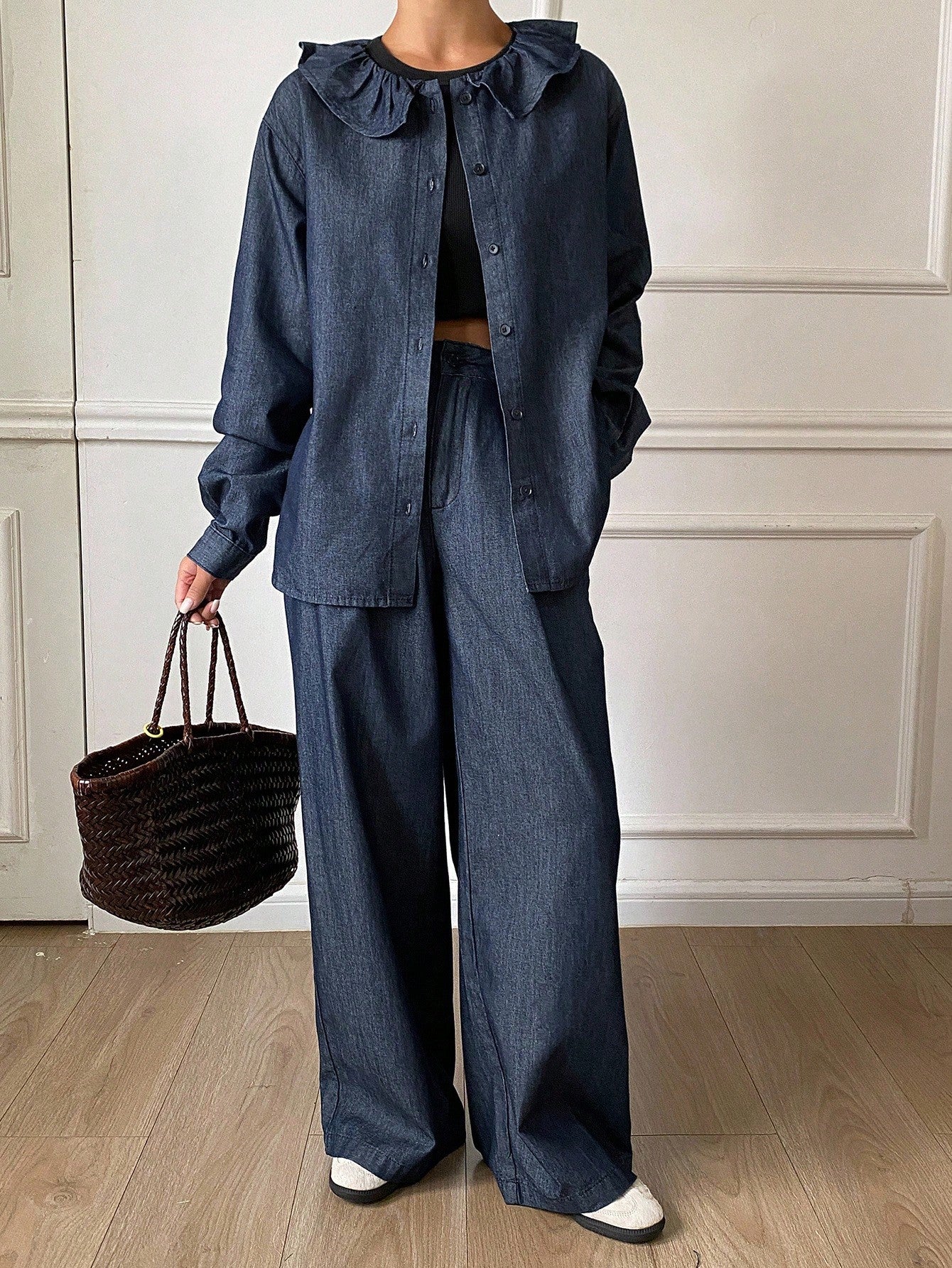 CM-SS945119 Women Elegant Seoul Style Peter Pan Collar Long Sleeve Denim Cardigan Top With Loose Straight Leg Pants - Set