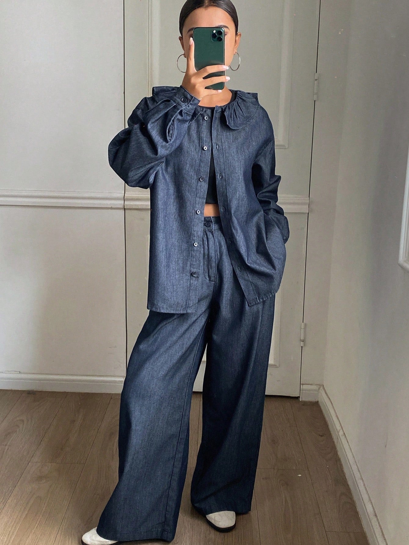 CM-SS945119 Women Elegant Seoul Style Peter Pan Collar Long Sleeve Denim Cardigan Top With Loose Straight Leg Pants - Set