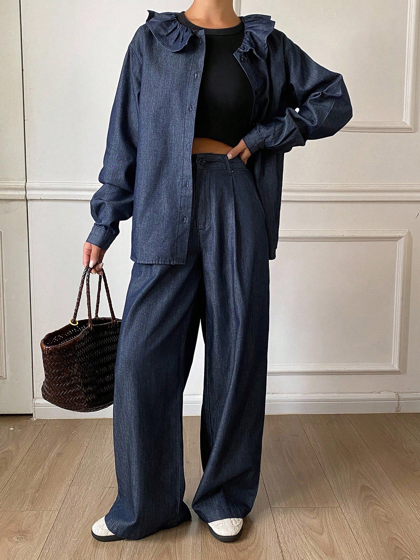 CM-SS945119 Women Elegant Seoul Style Peter Pan Collar Long Sleeve Denim Cardigan Top With Loose Straight Leg Pants - Set