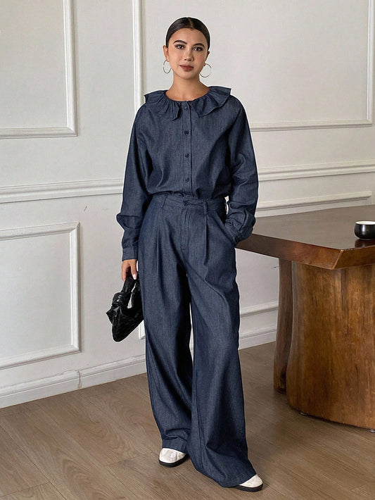 CM-SS945119 Women Elegant Seoul Style Peter Pan Collar Long Sleeve Denim Cardigan Top With Loose Straight Leg Pants - Set