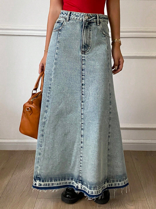 CM-BS611313 Women Casual Seoul Style Light Wash Mid Waist Maxi A-Line Denim Skirt